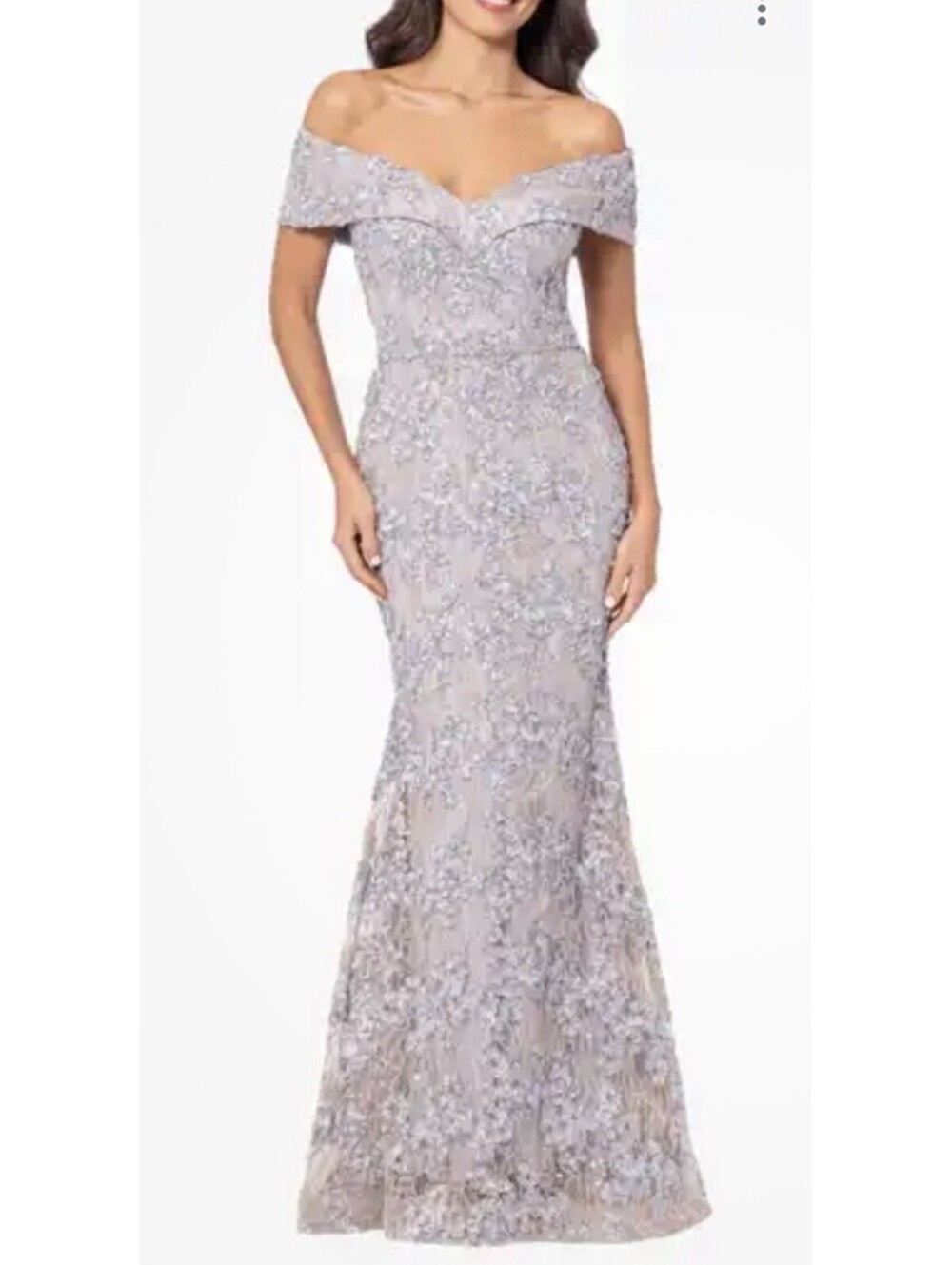 New Xscape Off-The-Shoulder Lace Gown In Taupe Gold Size 10 $289